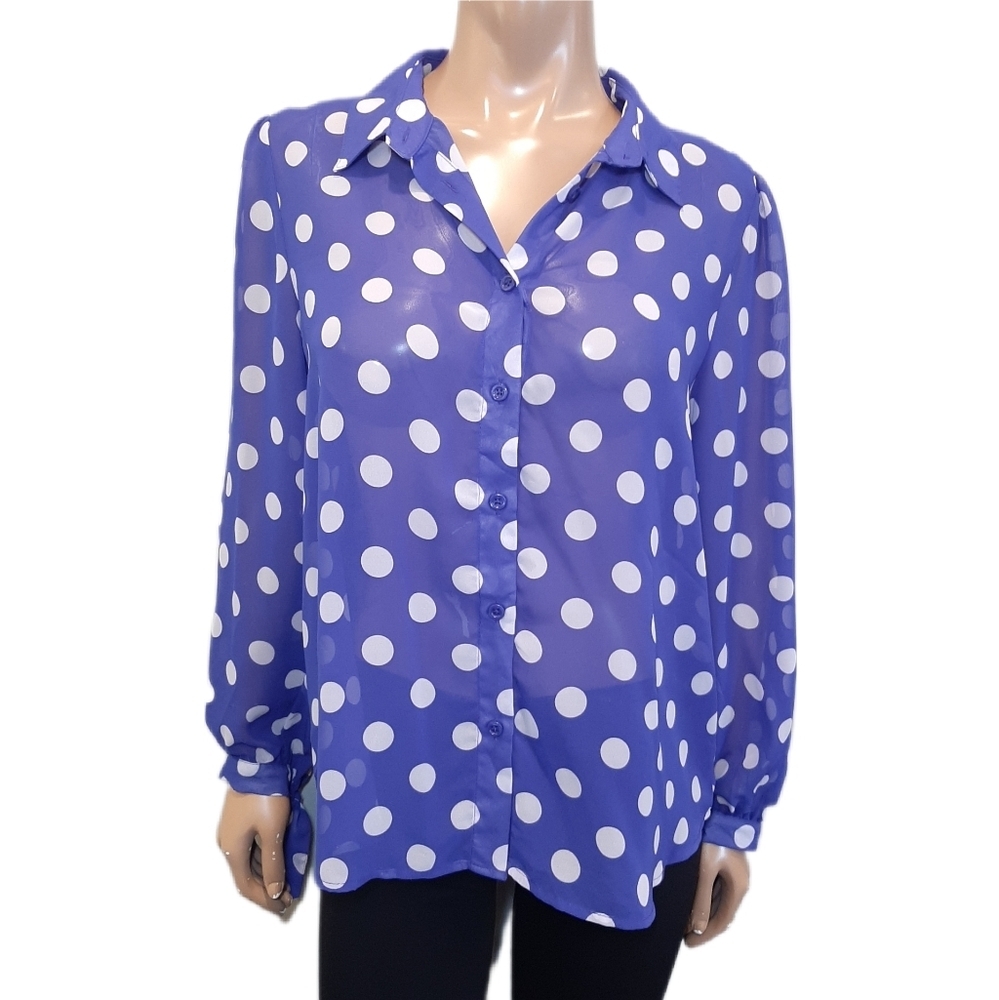 💠 GEORGE Polka Dot Blouse Sheer Buttoned Long Sleeve Tie Cuff Flowy Top